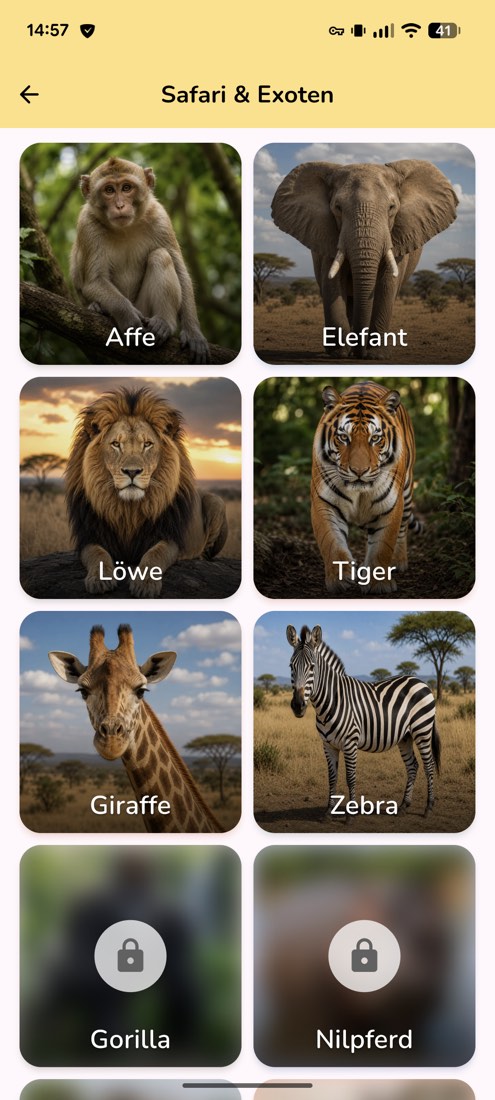 Kategorie Safari und Exoten mit Affe, Elefant, Löwe, Tiger, Giraffe und Zebra