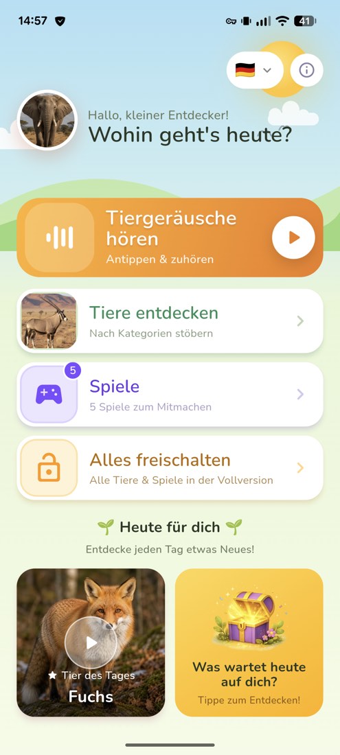 Startseite mit den Bereichen Tiergeräusche hören, Tiere entdecken und Spiele